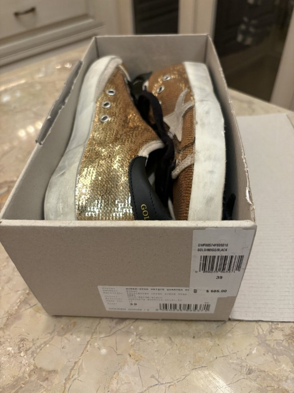 GOLDEN GOOSE SUPERSTAR METALLIC SEQUIN SNEAKERS - Size 9B/39EU-Gold/Black/Beige - Picture 7 of 7